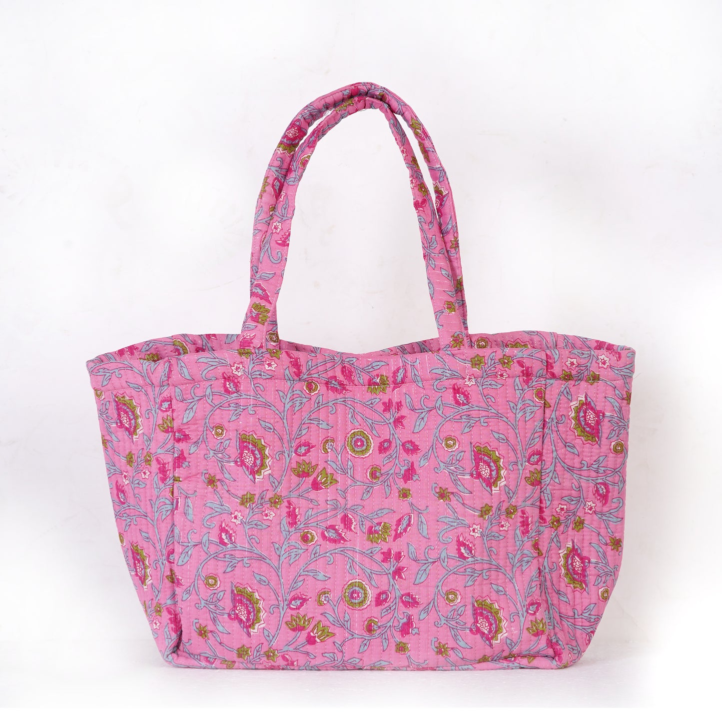 Pink Floral Quilted Folding Tote Bag Eco-Friendly Handmade Travel or Shopping Bag