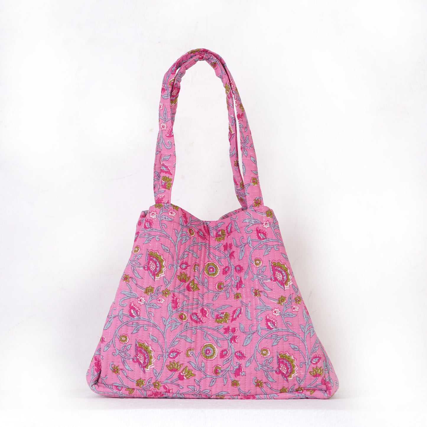Pink Floral Quilted Folding Tote Bag Eco-Friendly Handmade Travel or Shopping Bag