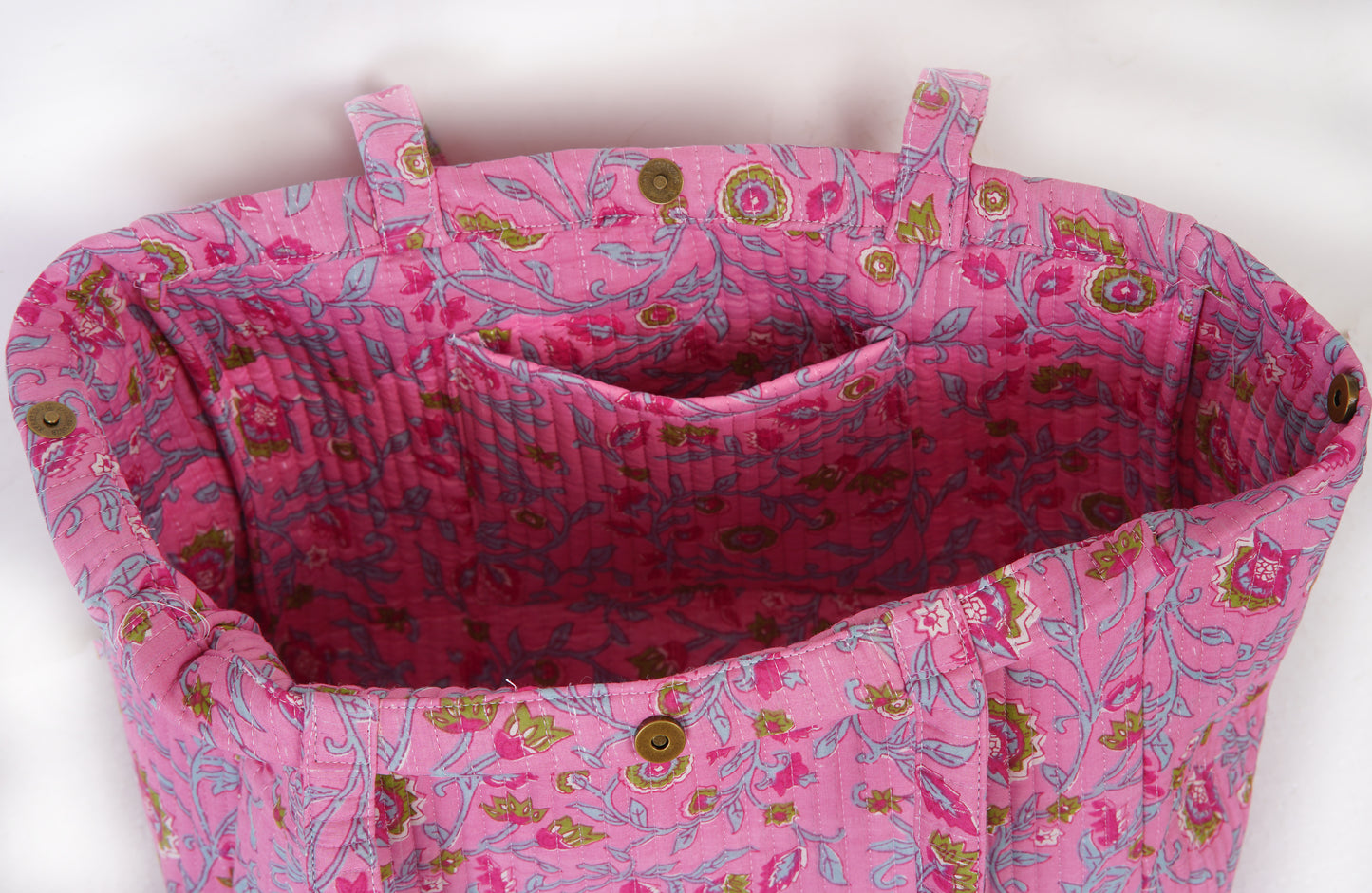 Pink Floral Quilted Folding Tote Bag Eco-Friendly Handmade Travel or Shopping Bag