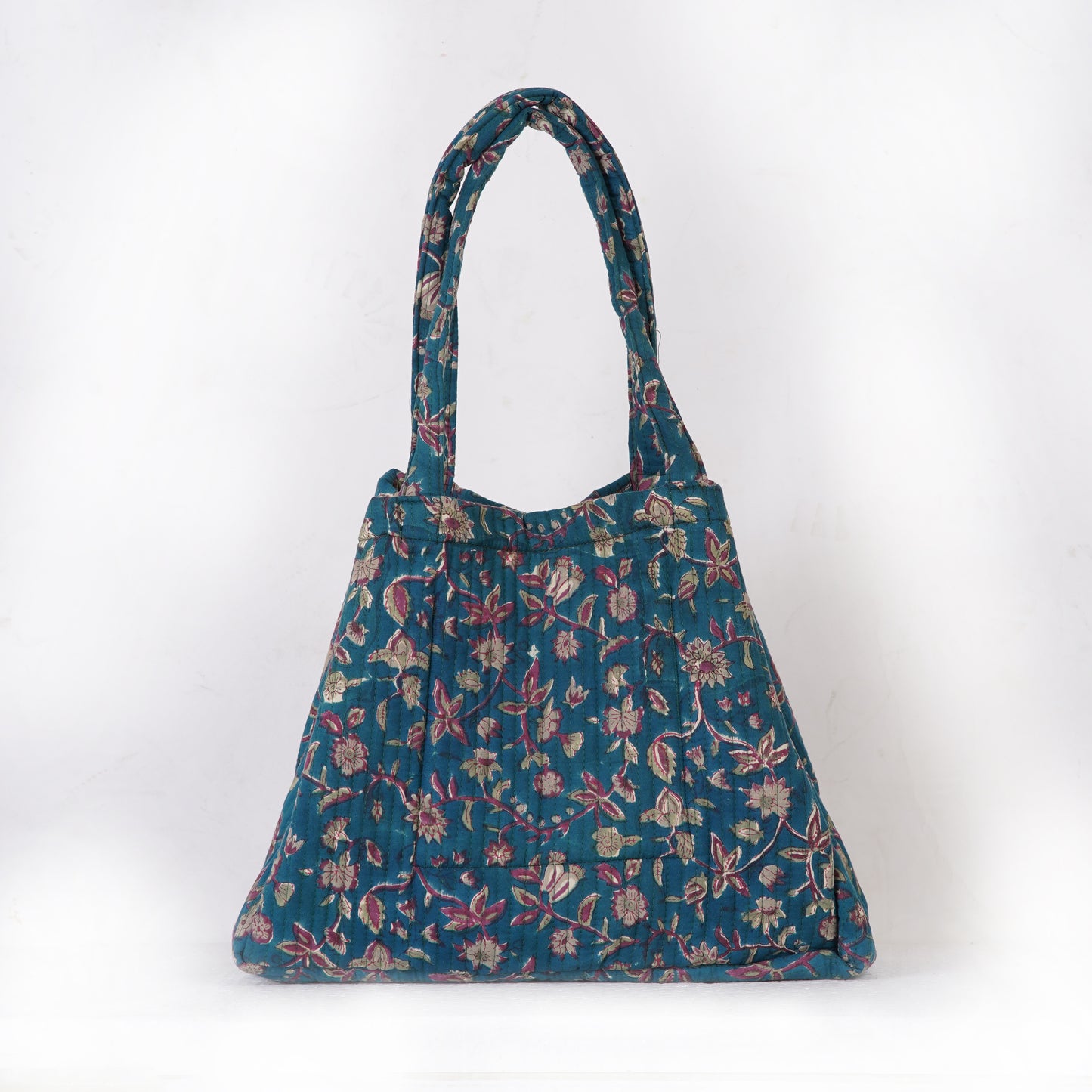 Teal Blossom Quilted Folding Tote Bag Eco-Friendly Handmade Travel or Shopping Bag