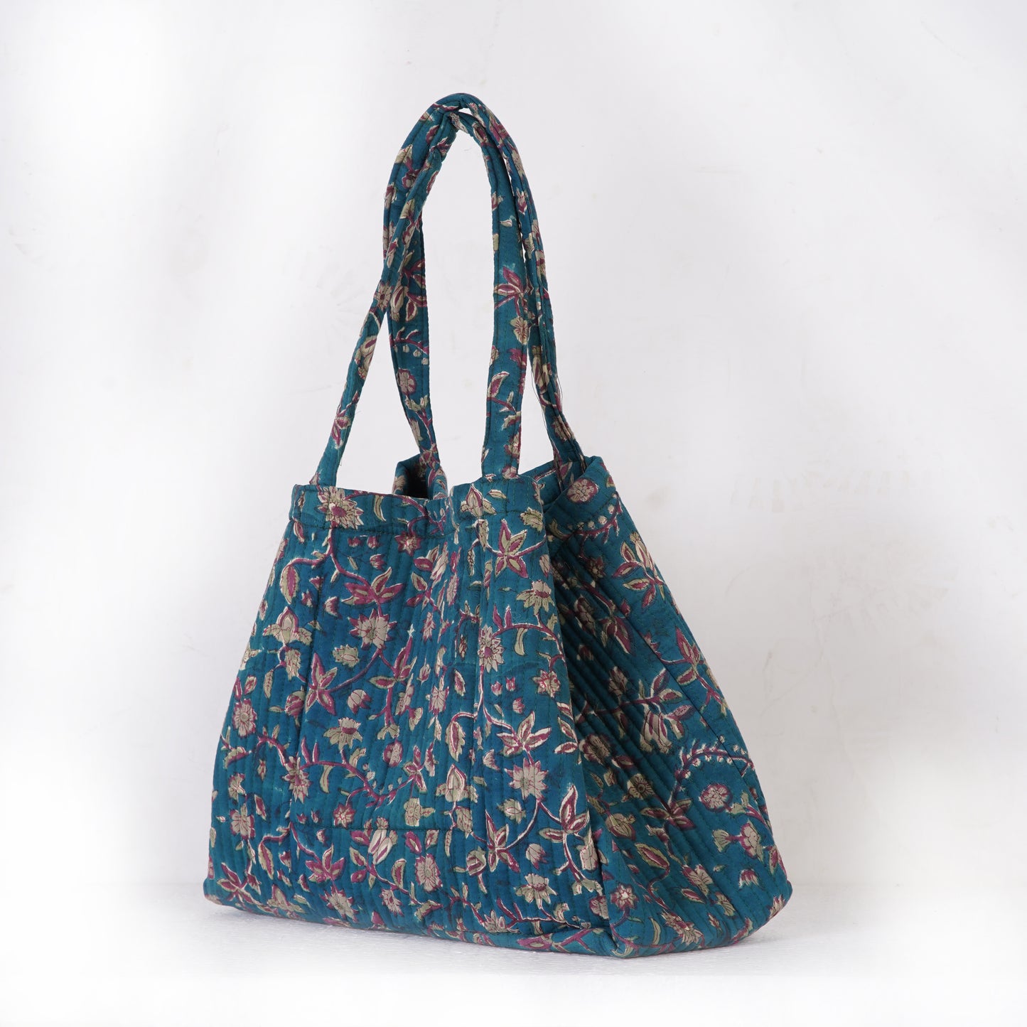 Teal Blossom Quilted Folding Tote Bag Eco-Friendly Handmade Travel or Shopping Bag