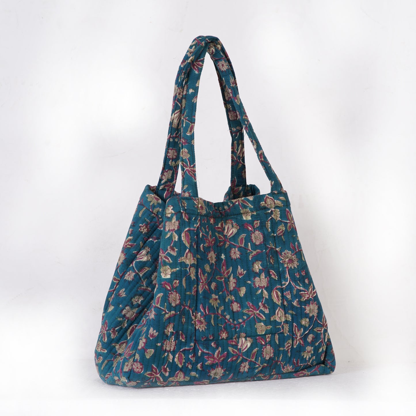 Teal Blossom Quilted Folding Tote Bag Eco-Friendly Handmade Travel or Shopping Bag