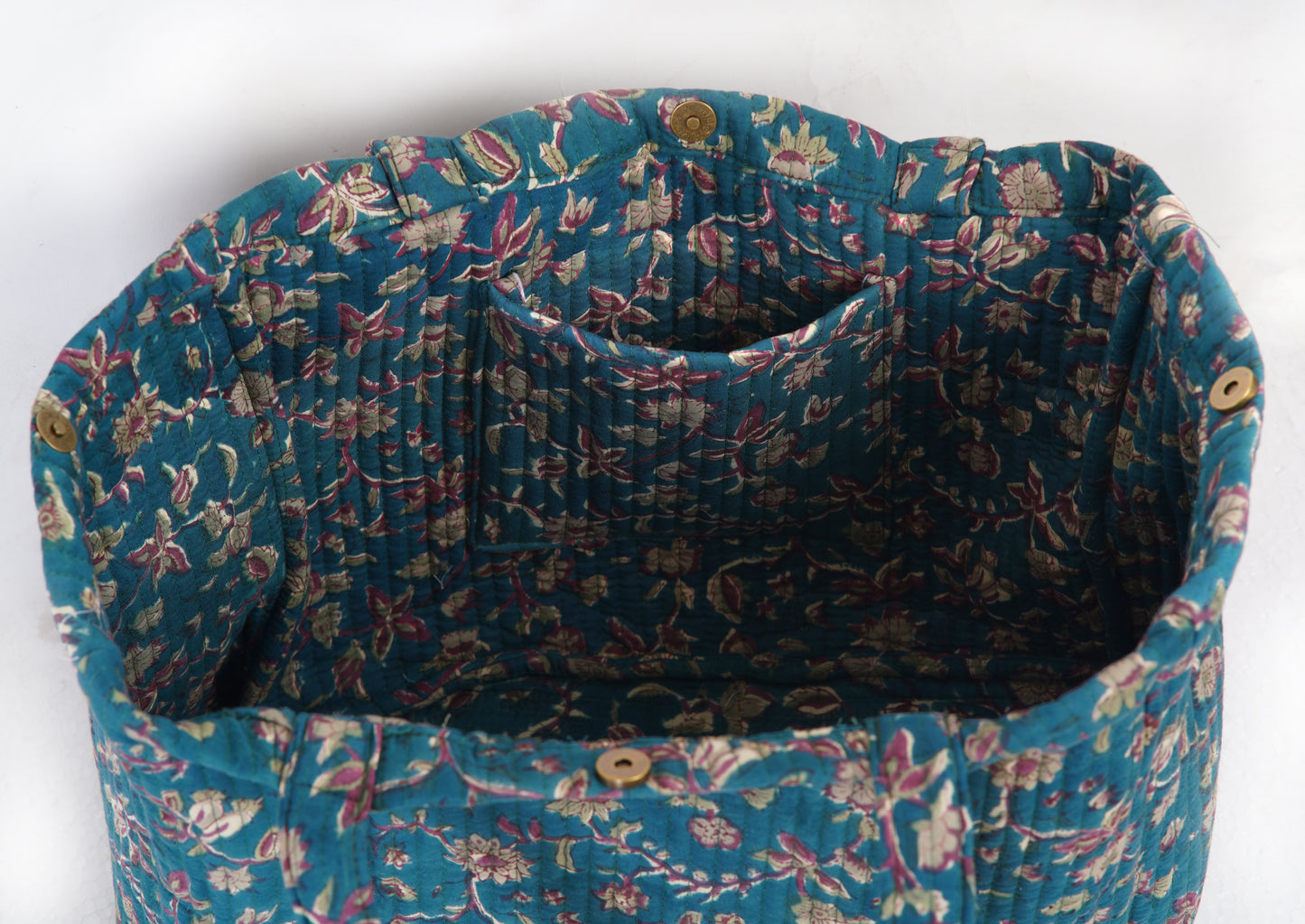 Teal Blossom Quilted Folding Tote Bag Eco-Friendly Handmade Travel or Shopping Bag