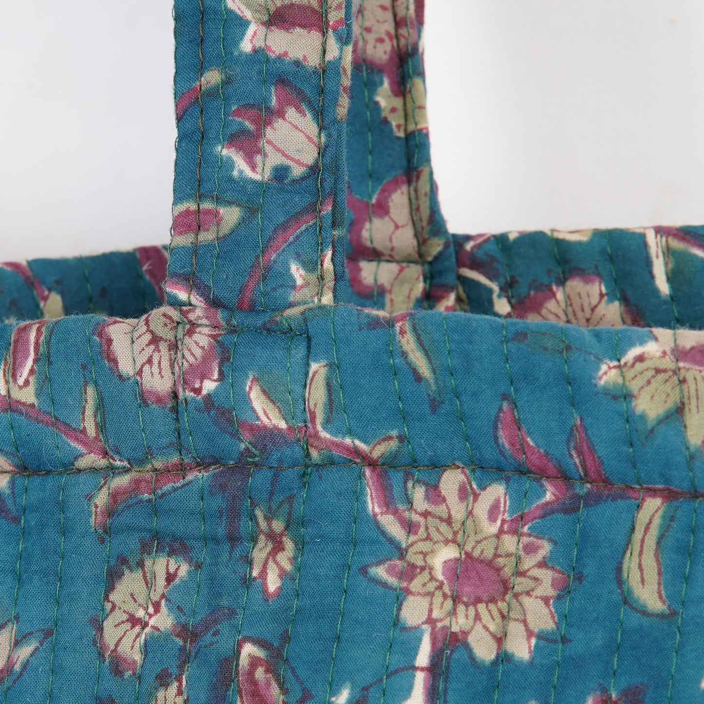 Teal Blossom Quilted Folding Tote Bag Eco-Friendly Handmade Travel or Shopping Bag