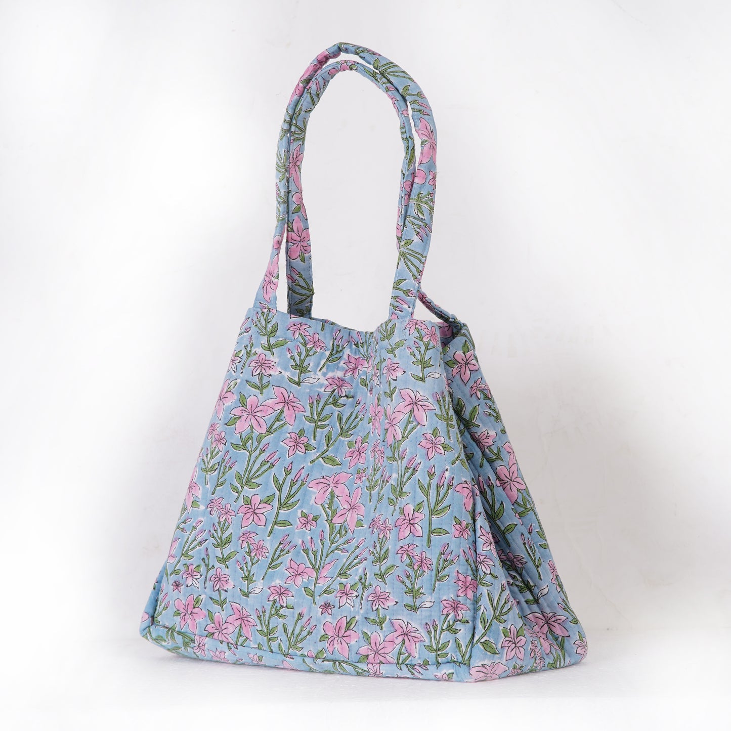 Blue Floral Quilted Folding Tote Bag | Shoulder Bag for Women Sustainable, Handmade Shopping or Travel Bag