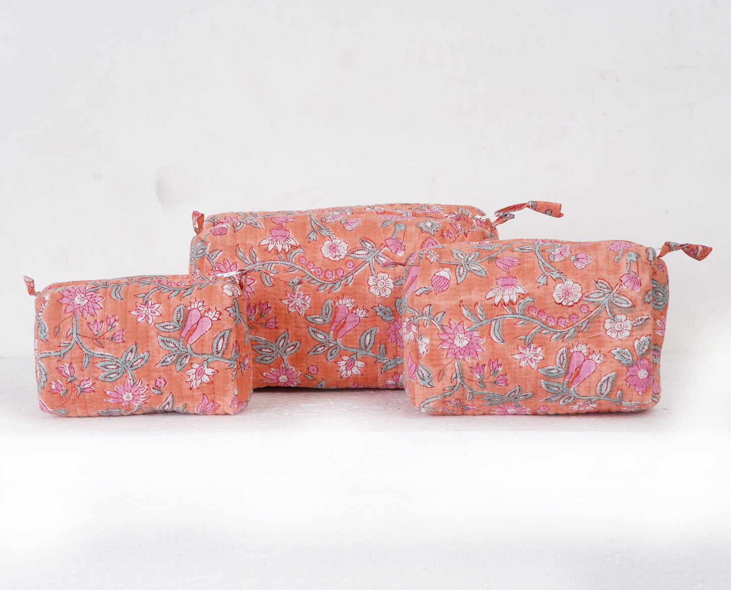 Peach Blossom Quilted Toiletry Pouch Set – Hand Block Printed (Set of 3)