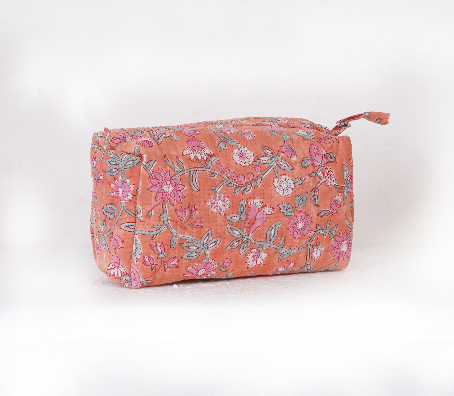 Peach Blossom Quilted Toiletry Pouch Set – Hand Block Printed (Set of 3)
