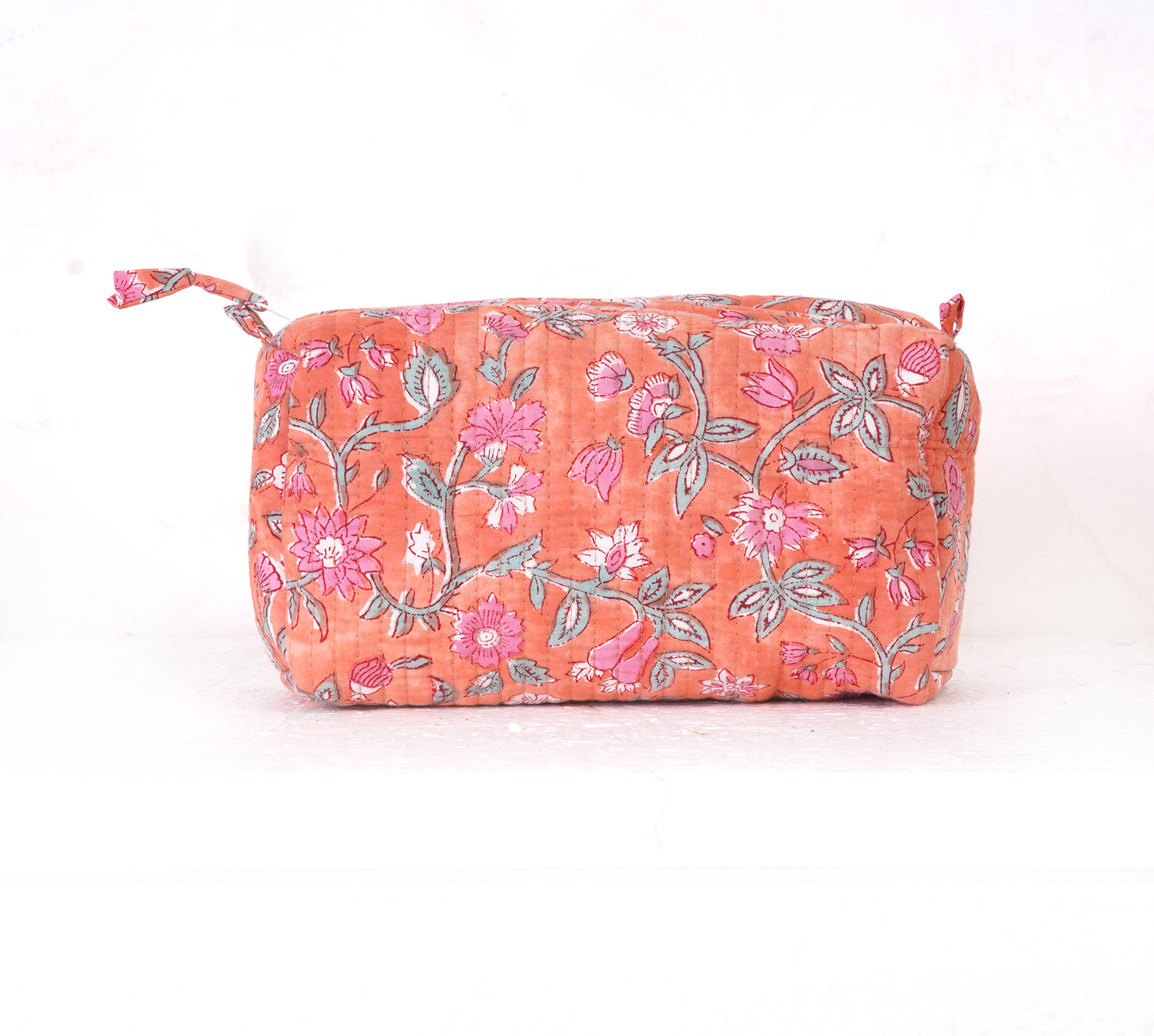 Peach Blossom Quilted Toiletry Pouch Set – Hand Block Printed (Set of 3)