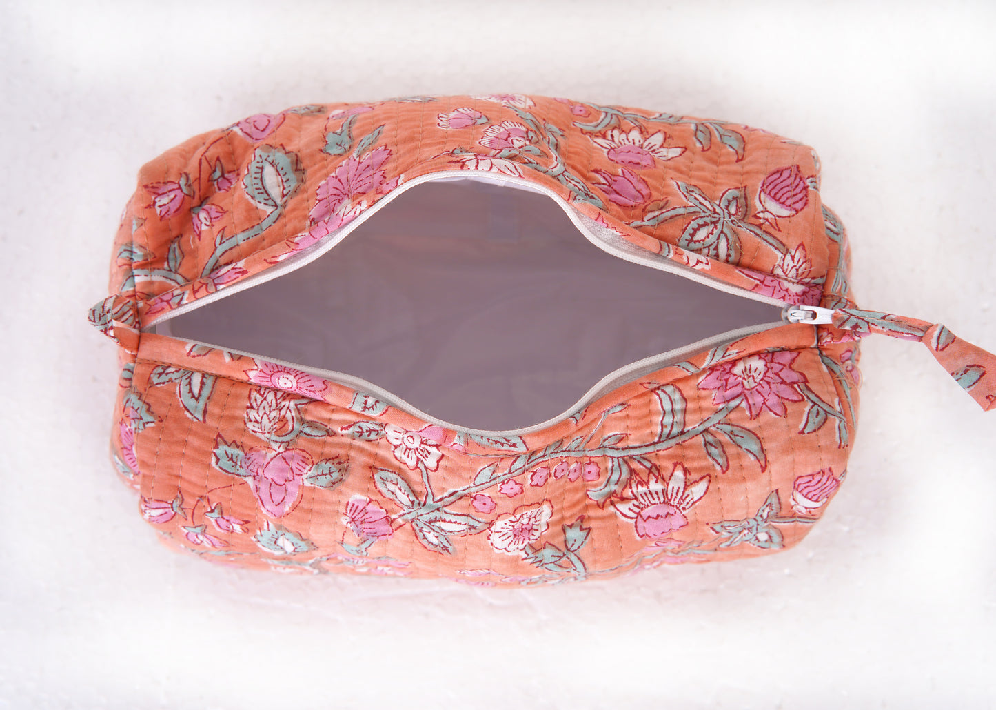 Peach Blossom Quilted Toiletry Pouch Set – Hand Block Printed (Set of 3)