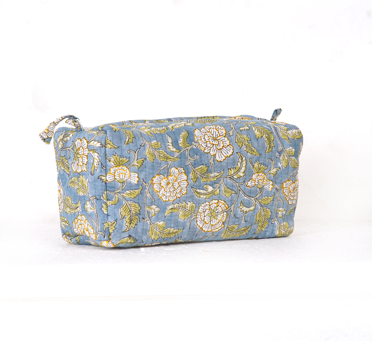Blue Meadow Quilted Toiletry Pouch Set – Hand Block Printed (Set of 3)