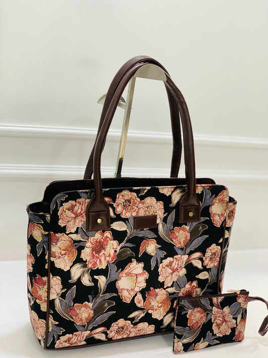 Black floral Morvi Laptop Bag with Pouch