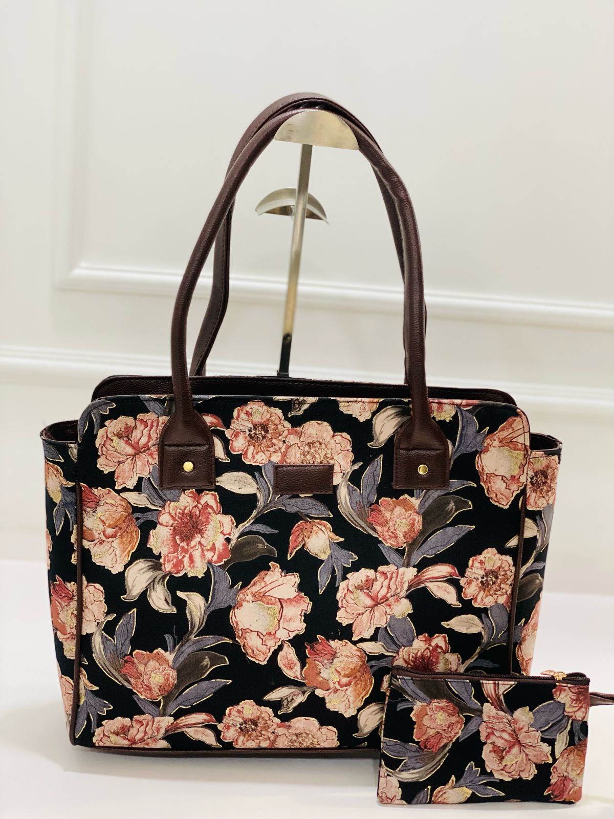 Black floral Morvi Laptop Bag with Pouch