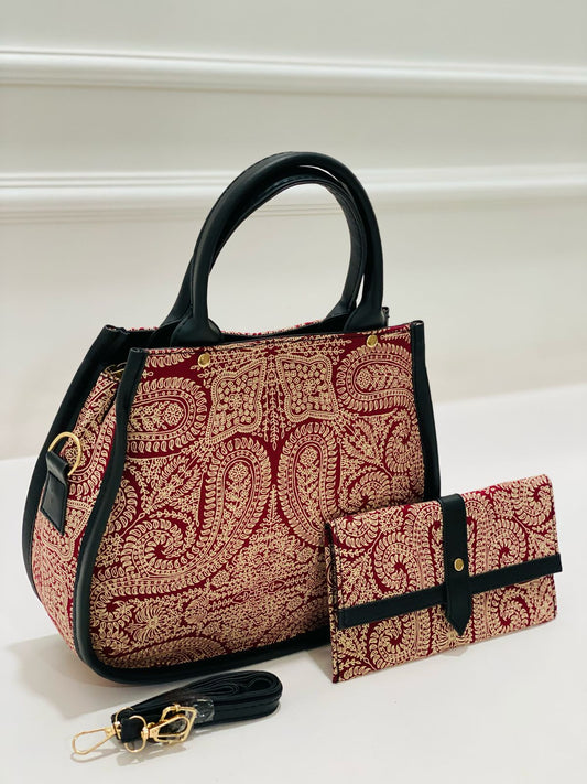 Paisley Matka Handbag with Adjustable Belt & Clutch