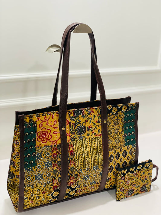 Yellow Patchwork Laptop Tote with Free Pouch