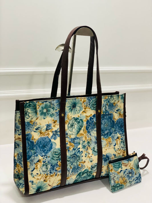 Blue Floral Laptop + Tote Bag with Free Phone Pouch