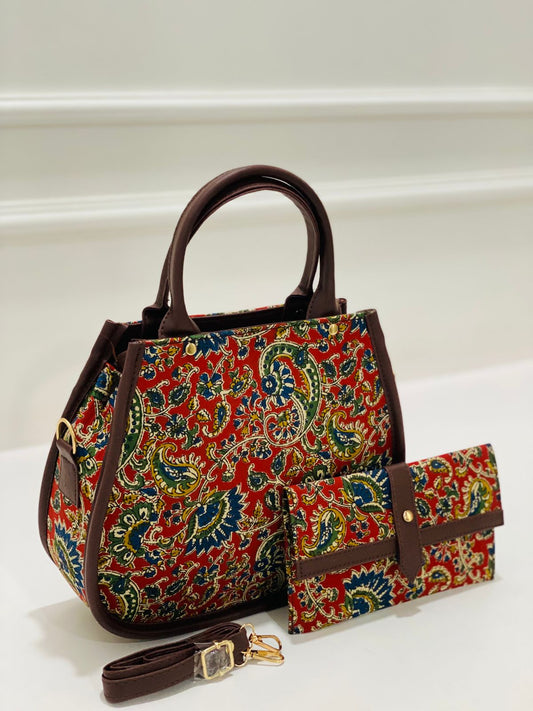 Rajwadi Red Matka Handbag with Adjustable Belt & Clutch