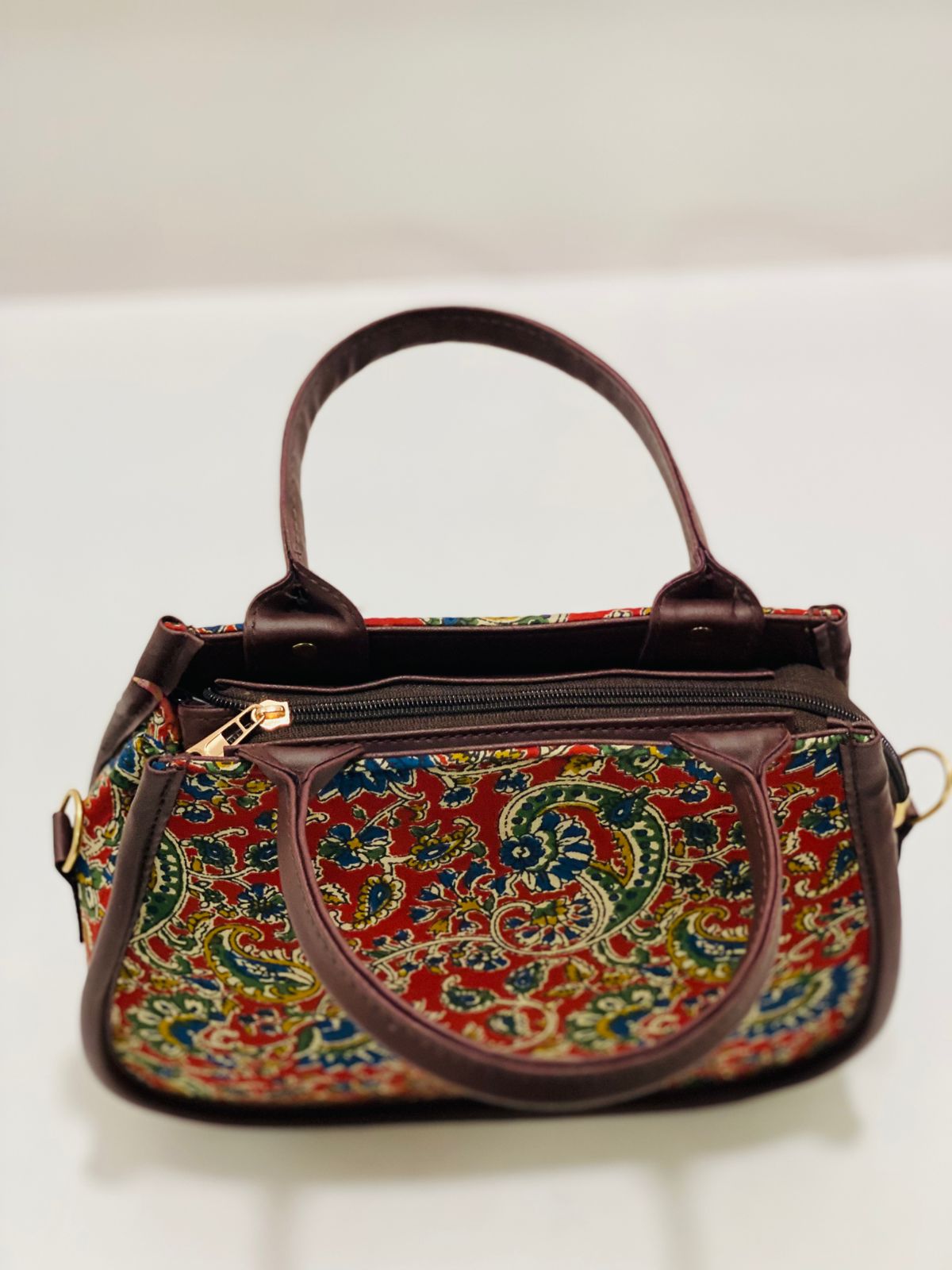 Rajwadi Red Matka Handbag with Adjustable Belt & Clutch