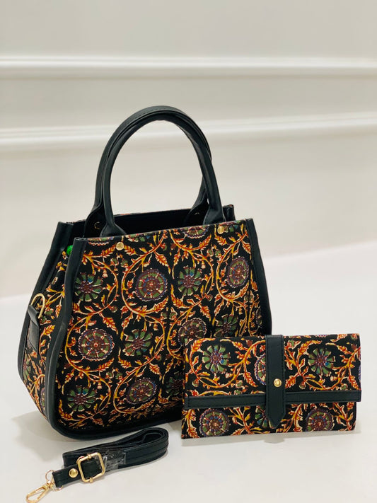 Bagru Kalamkari Matka Handbag with Adjustable Strap & Clutch