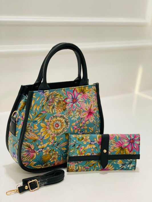 Gulbahar Teal Matka Handbag with Adjustable Belt & Clutch