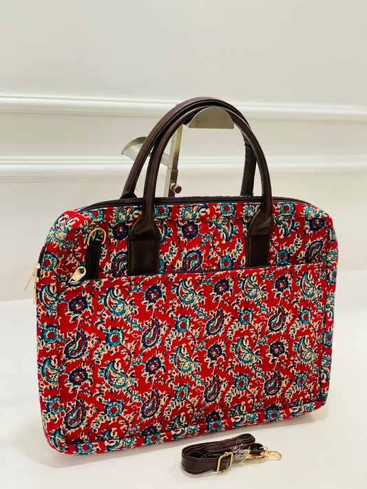 Red Jaal Print Fabric Modern Laptop Bag