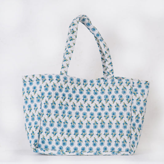 Blue Lotus Quilted Folding Tote Bag Eco-Friendly Handmade Travel or Shopping Bag