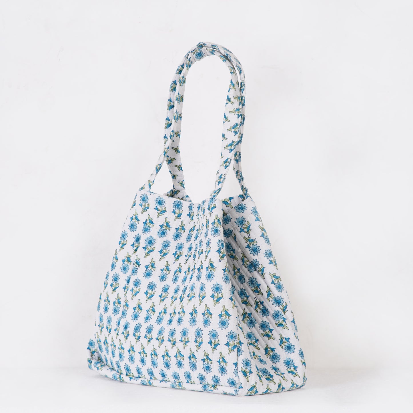 Blue Lotus Quilted Folding Tote Bag Eco-Friendly Handmade Travel or Shopping Bag