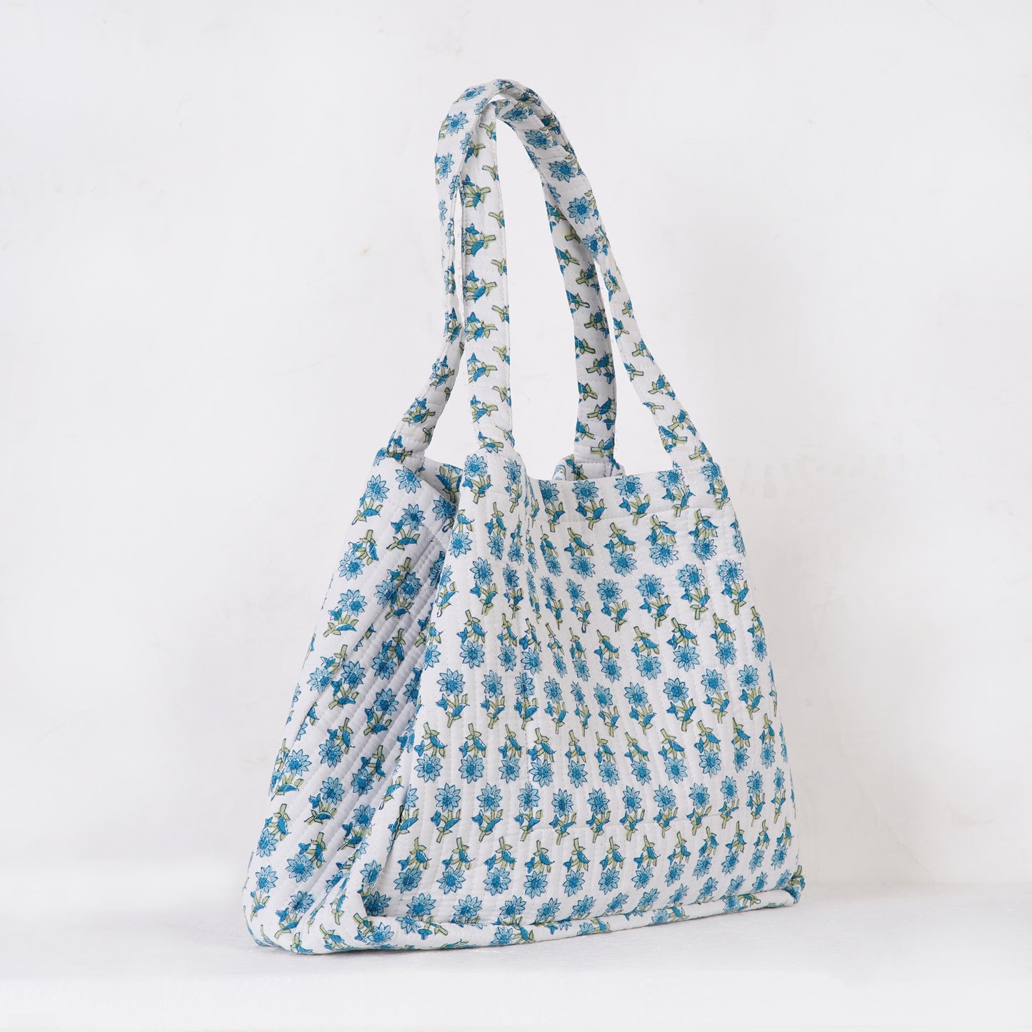 Blue Lotus Quilted Folding Tote Bag Eco-Friendly Handmade Travel or Shopping Bag
