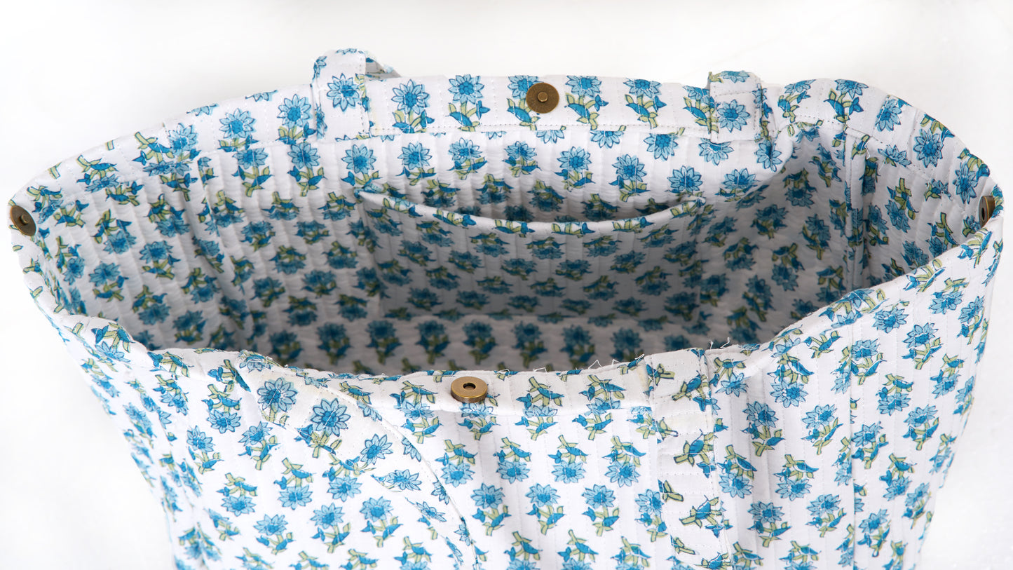 Blue Lotus Quilted Folding Tote Bag Eco-Friendly Handmade Travel or Shopping Bag