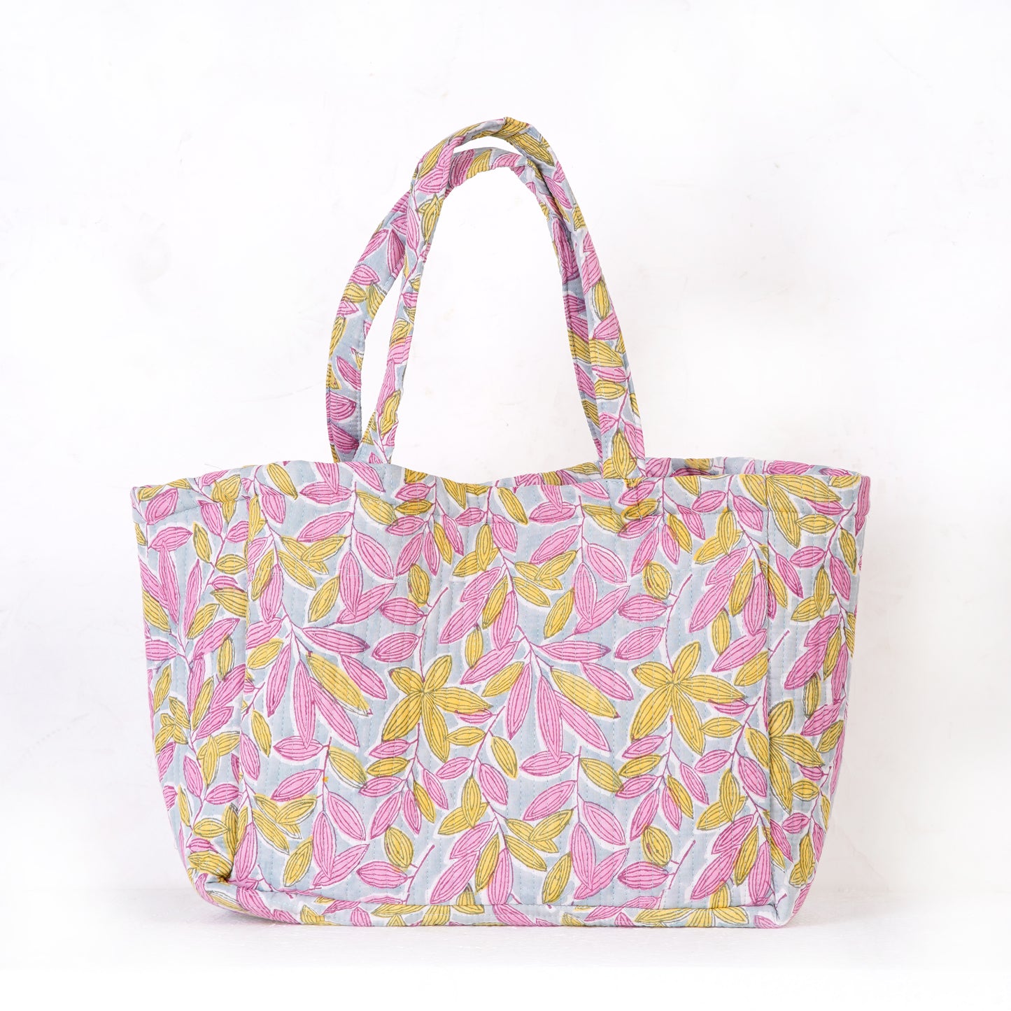 The Pink Leaf Quilted Folding Tote Bag Eco-Friendly Handmade Travel or Shopping Bag