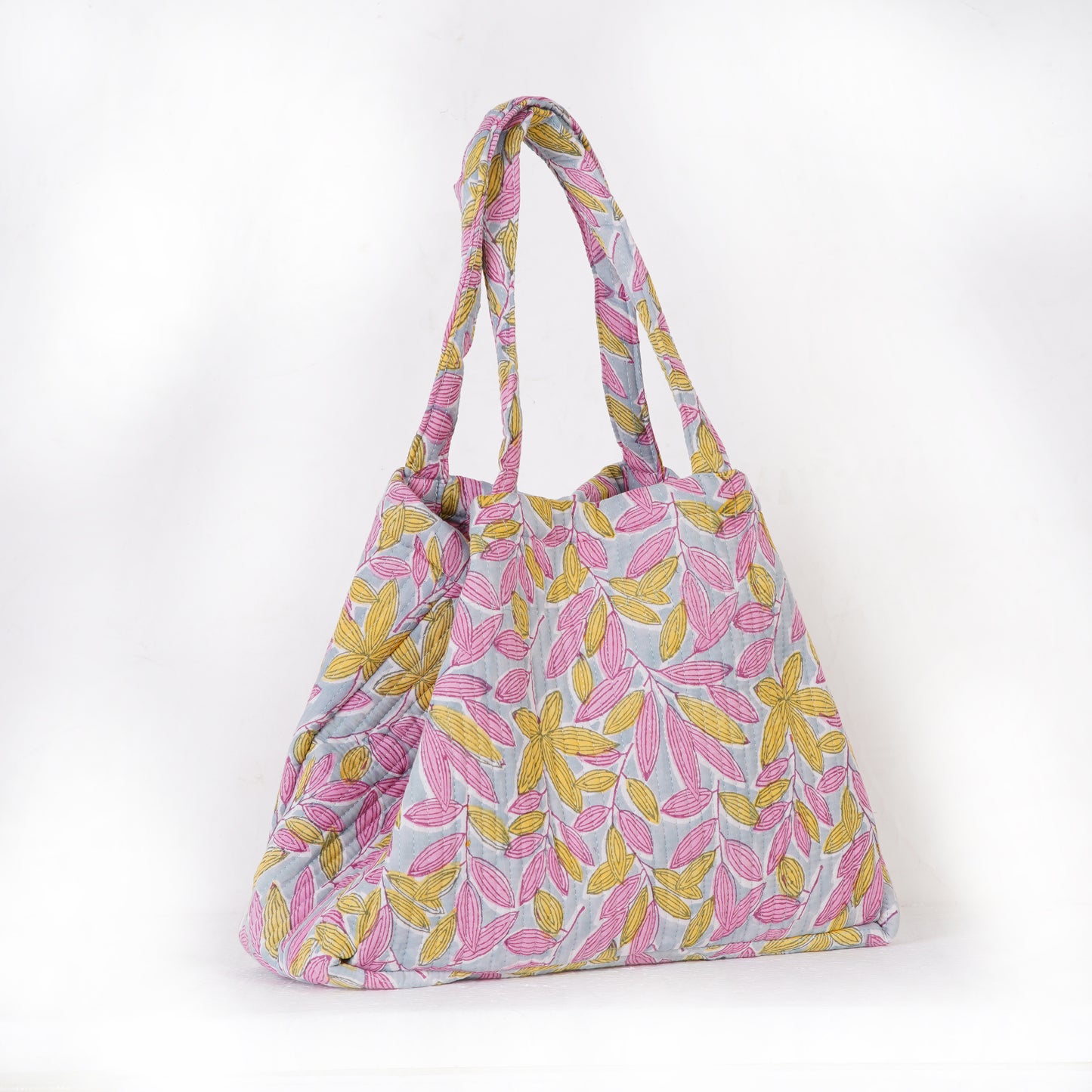 The Pink Leaf Quilted Folding Tote Bag Eco-Friendly Handmade Travel or Shopping Bag