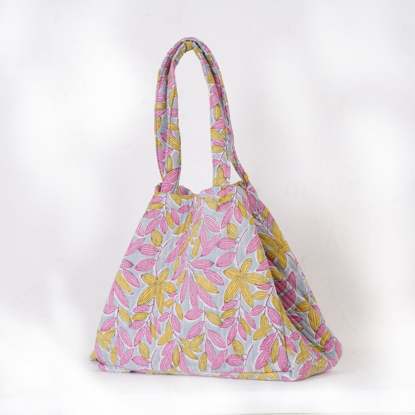 The Pink Leaf Quilted Folding Tote Bag Eco-Friendly Handmade Travel or Shopping Bag
