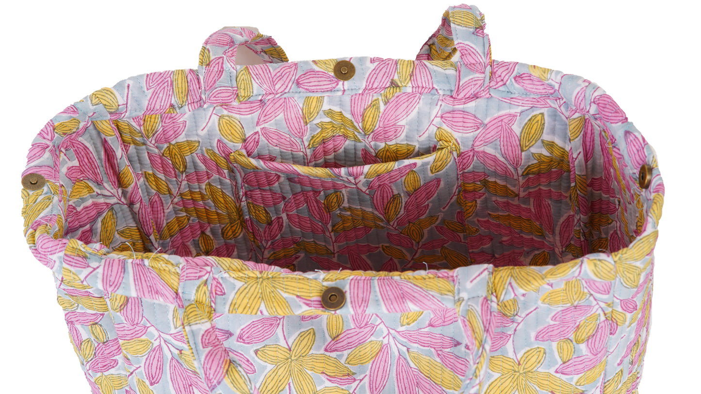 The Pink Leaf Quilted Folding Tote Bag Eco-Friendly Handmade Travel or Shopping Bag