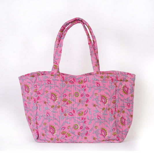 Pink Floral Quilted Folding Tote Bag Eco-Friendly Handmade Travel or Shopping Bag