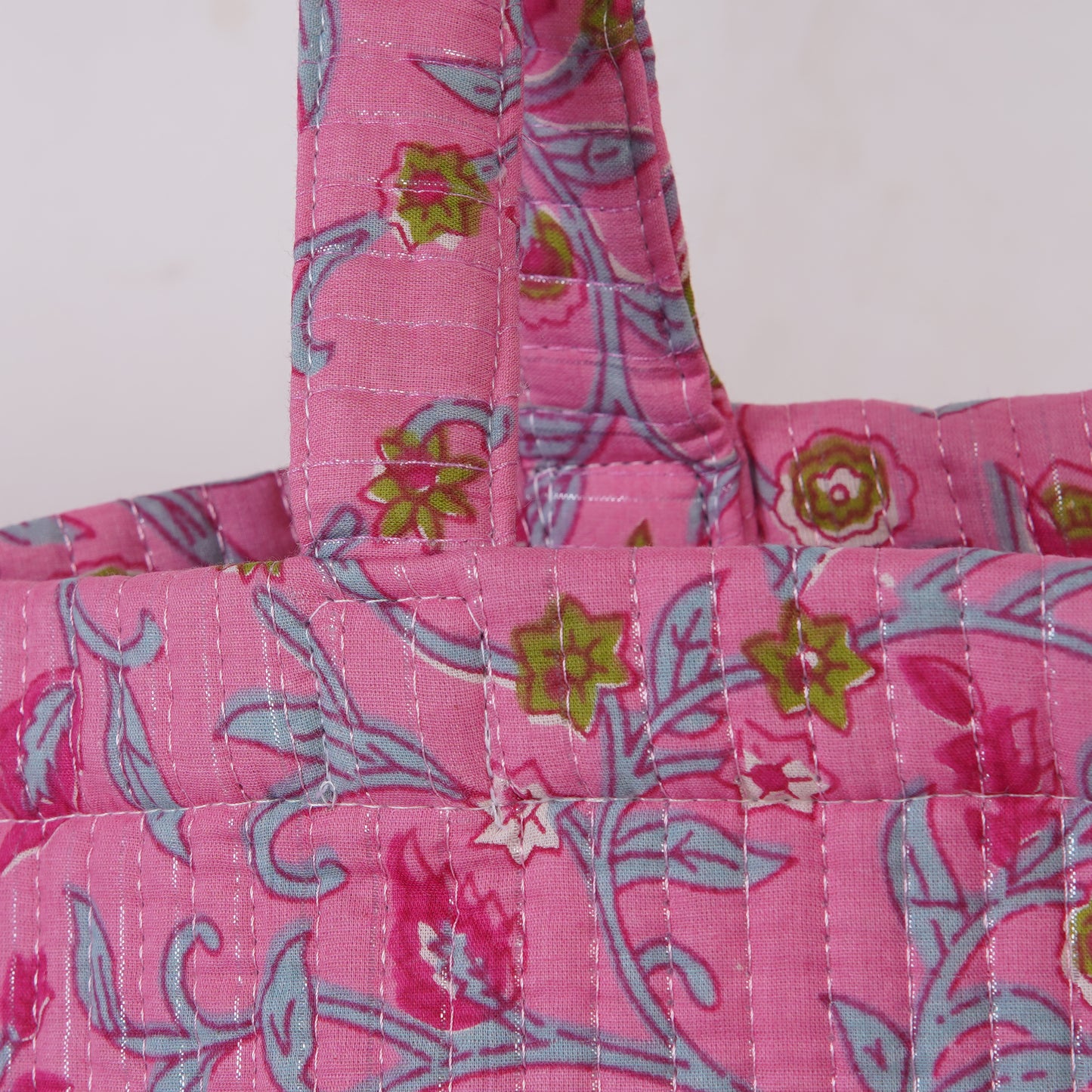 Pink Floral Quilted Folding Tote Bag Eco-Friendly Handmade Travel or Shopping Bag