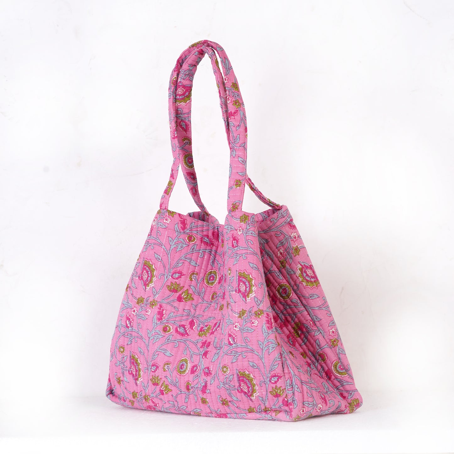 Pink Floral Quilted Folding Tote Bag Eco-Friendly Handmade Travel or Shopping Bag