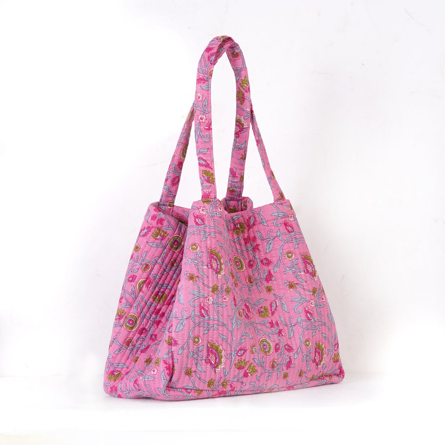 Pink Floral Quilted Folding Tote Bag Eco-Friendly Handmade Travel or Shopping Bag