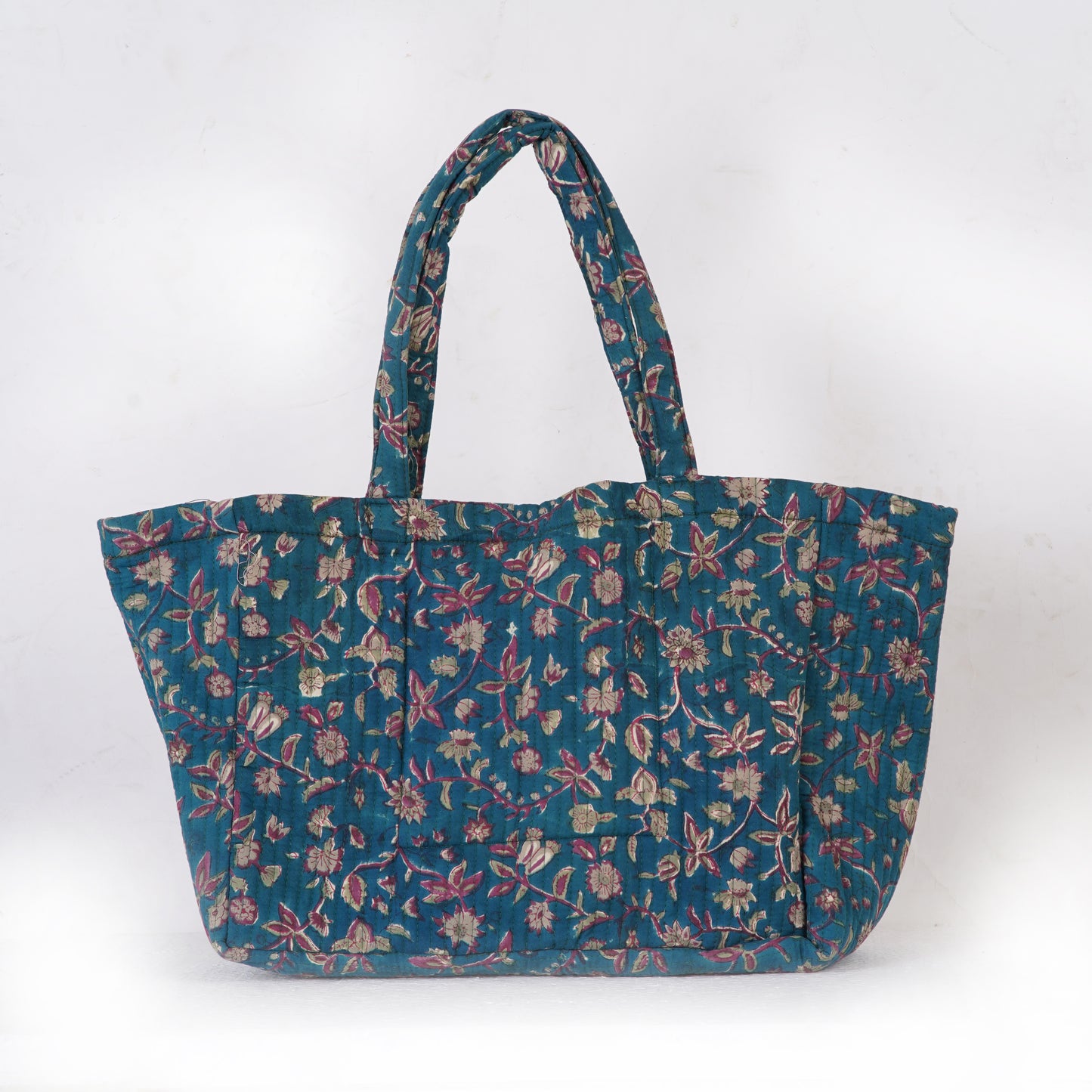 Teal Blossom Quilted Folding Tote Bag Eco-Friendly Handmade Travel or Shopping Bag