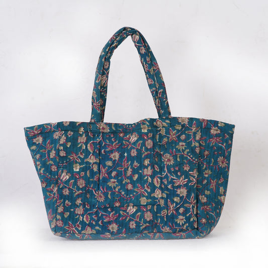 Teal Blossom Quilted Folding Tote Bag Eco-Friendly Handmade Travel or Shopping Bag