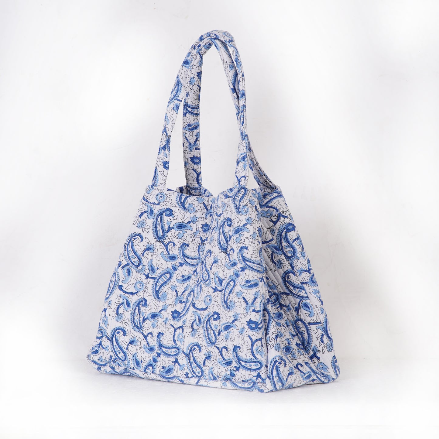 Blue Paisley Quilted Folding Tote Bag, Eco-Friendly, Handmade, Travel or Shopping Bag