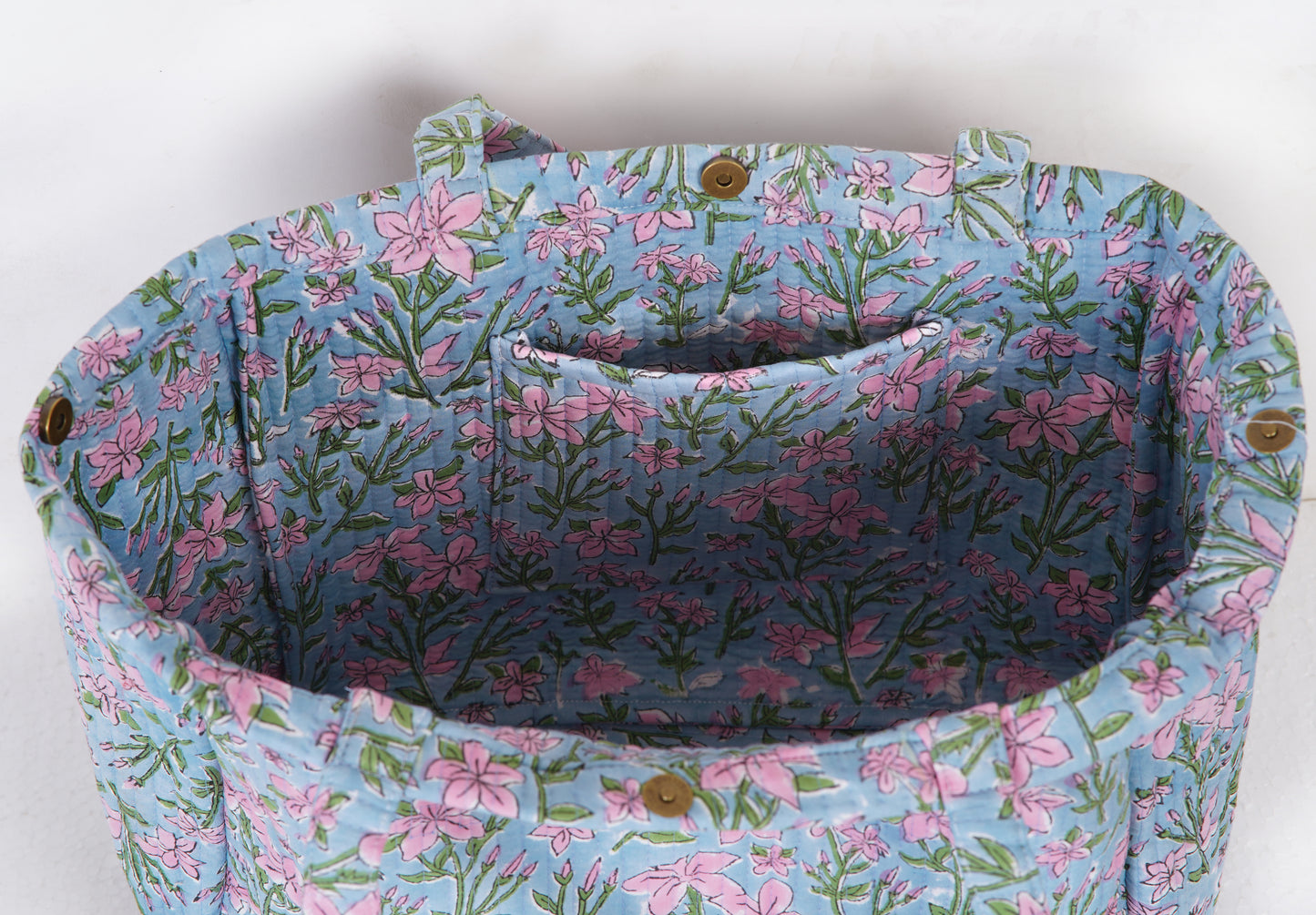 Blue Floral Quilted Folding Tote Bag | Shoulder Bag for Women Sustainable, Handmade Shopping or Travel Bag