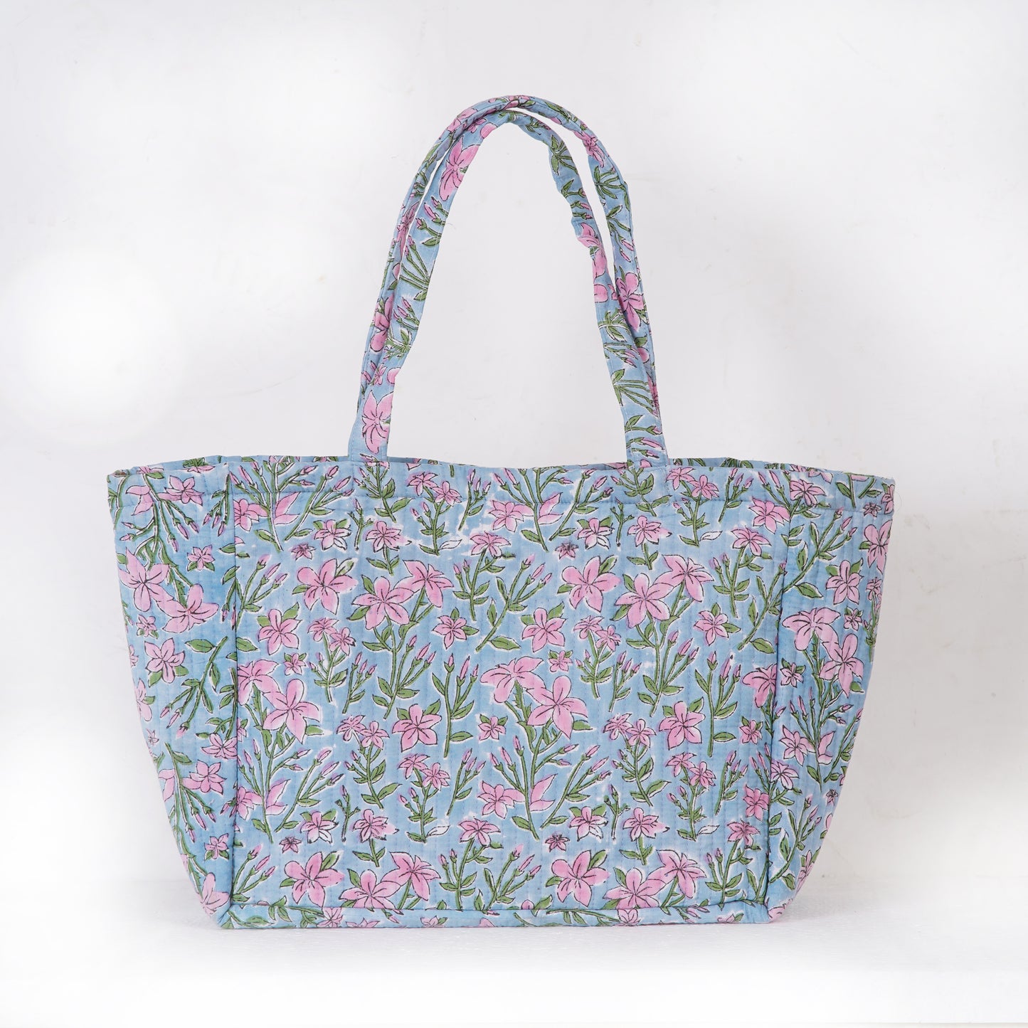 Blue Floral Quilted Folding Tote Bag | Shoulder Bag for Women Sustainable, Handmade Shopping or Travel Bag