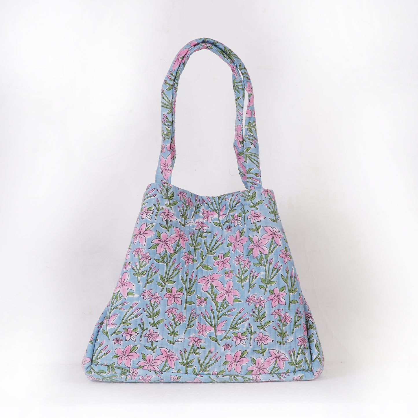 Blue Floral Quilted Folding Tote Bag | Shoulder Bag for Women Sustainable, Handmade Shopping or Travel Bag