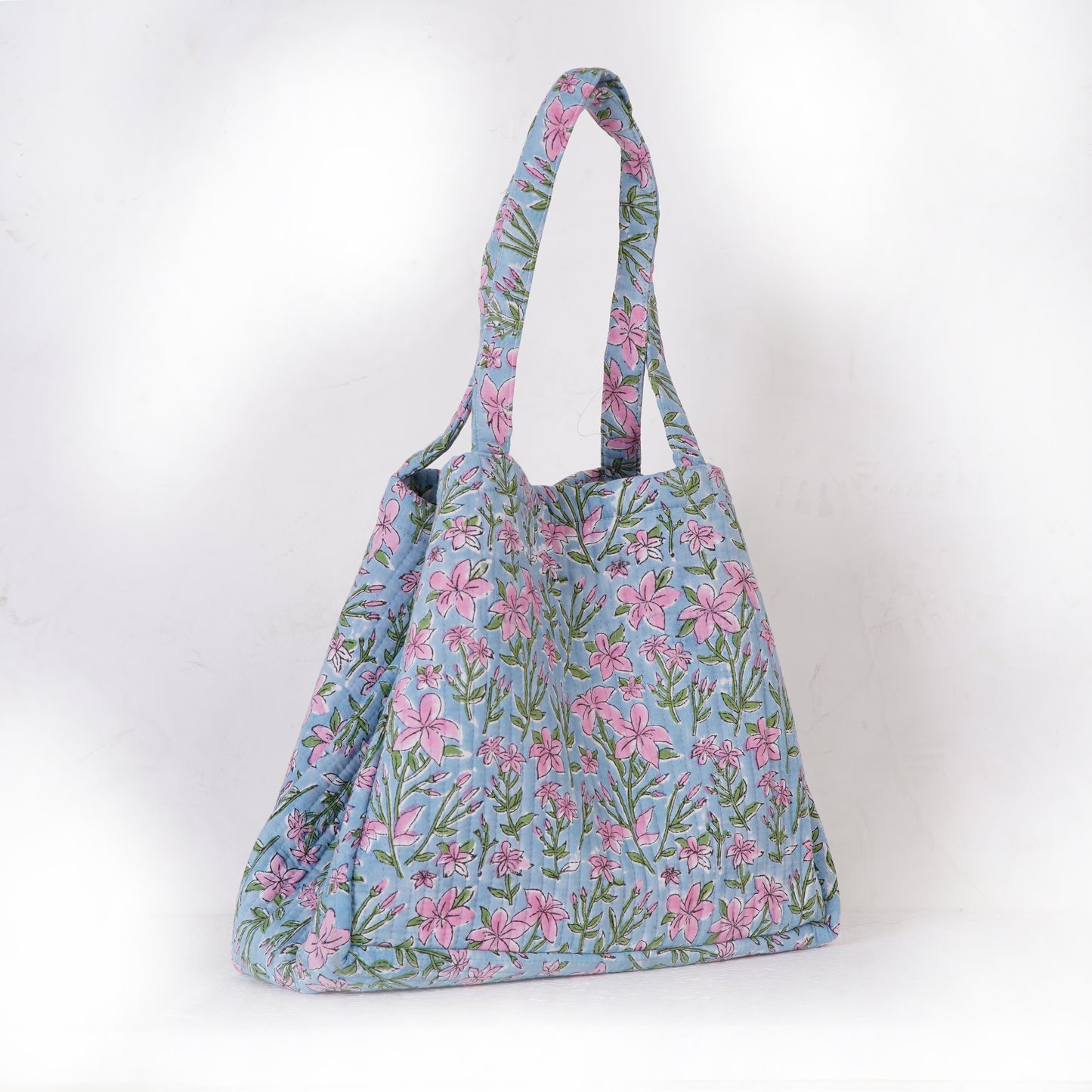 Blue Floral Quilted Folding Tote Bag | Shoulder Bag for Women Sustainable, Handmade Shopping or Travel Bag