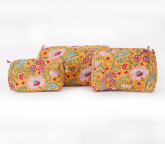 Golden Blossom Quilted Toiletry Pouch Set – Hand Block Printed (Set of 3)