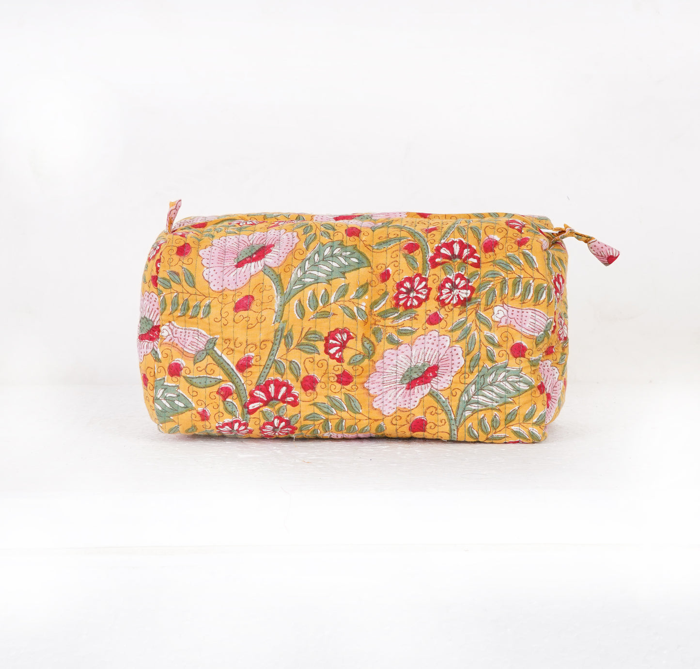 Golden Blossom Quilted Toiletry Pouch Set – Hand Block Printed (Set of 3)