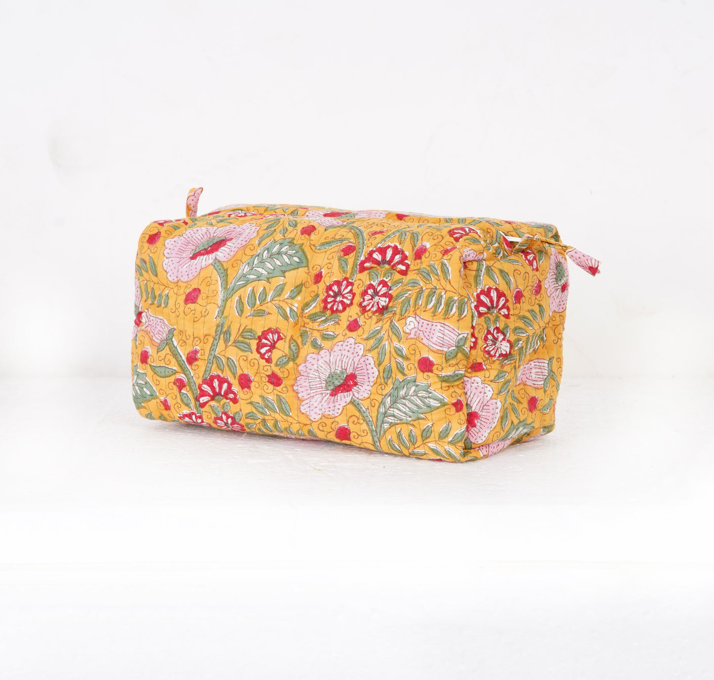 Golden Blossom Quilted Toiletry Pouch Set – Hand Block Printed (Set of 3)