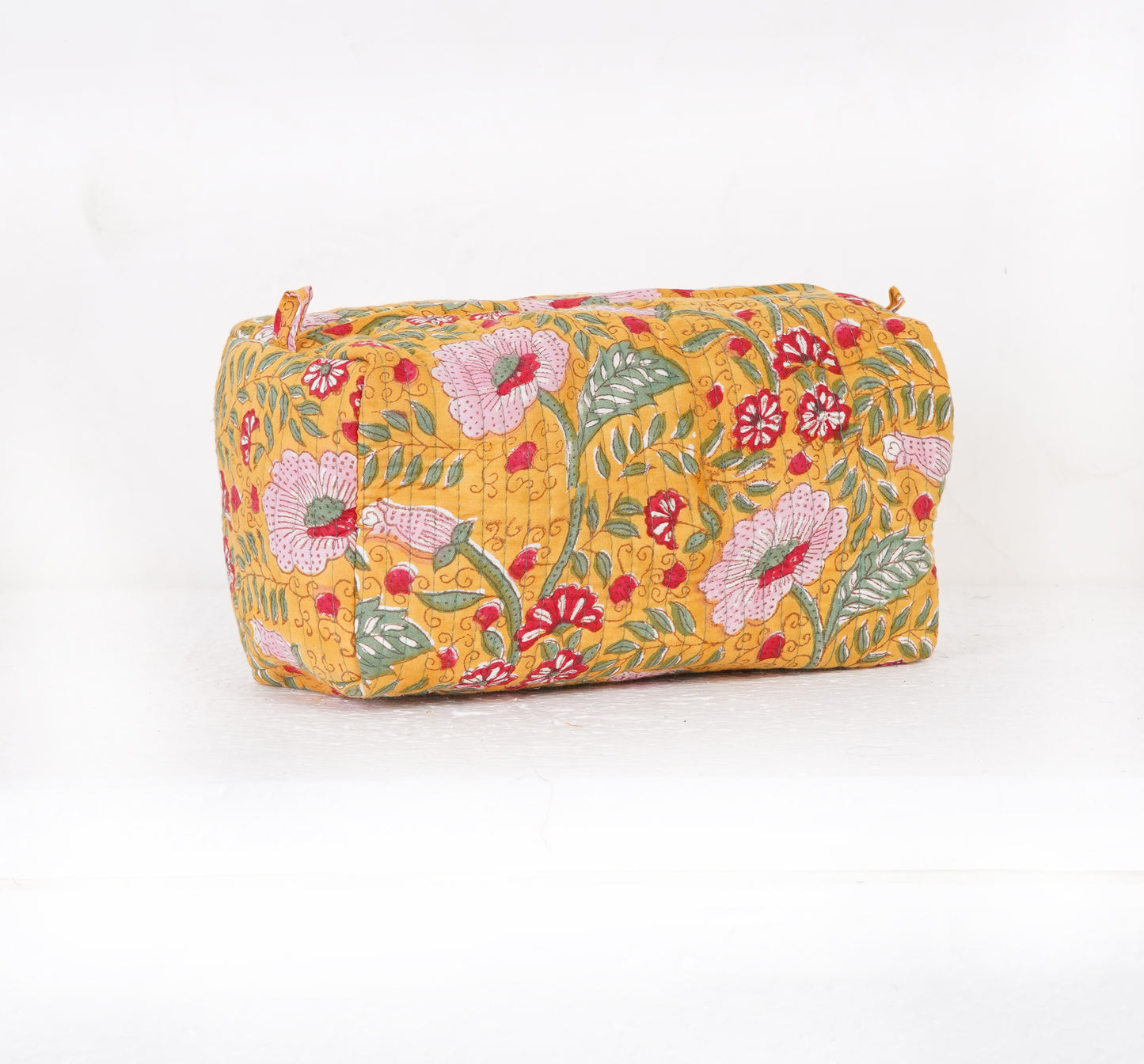 Golden Blossom Quilted Toiletry Pouch Set – Hand Block Printed (Set of 3)