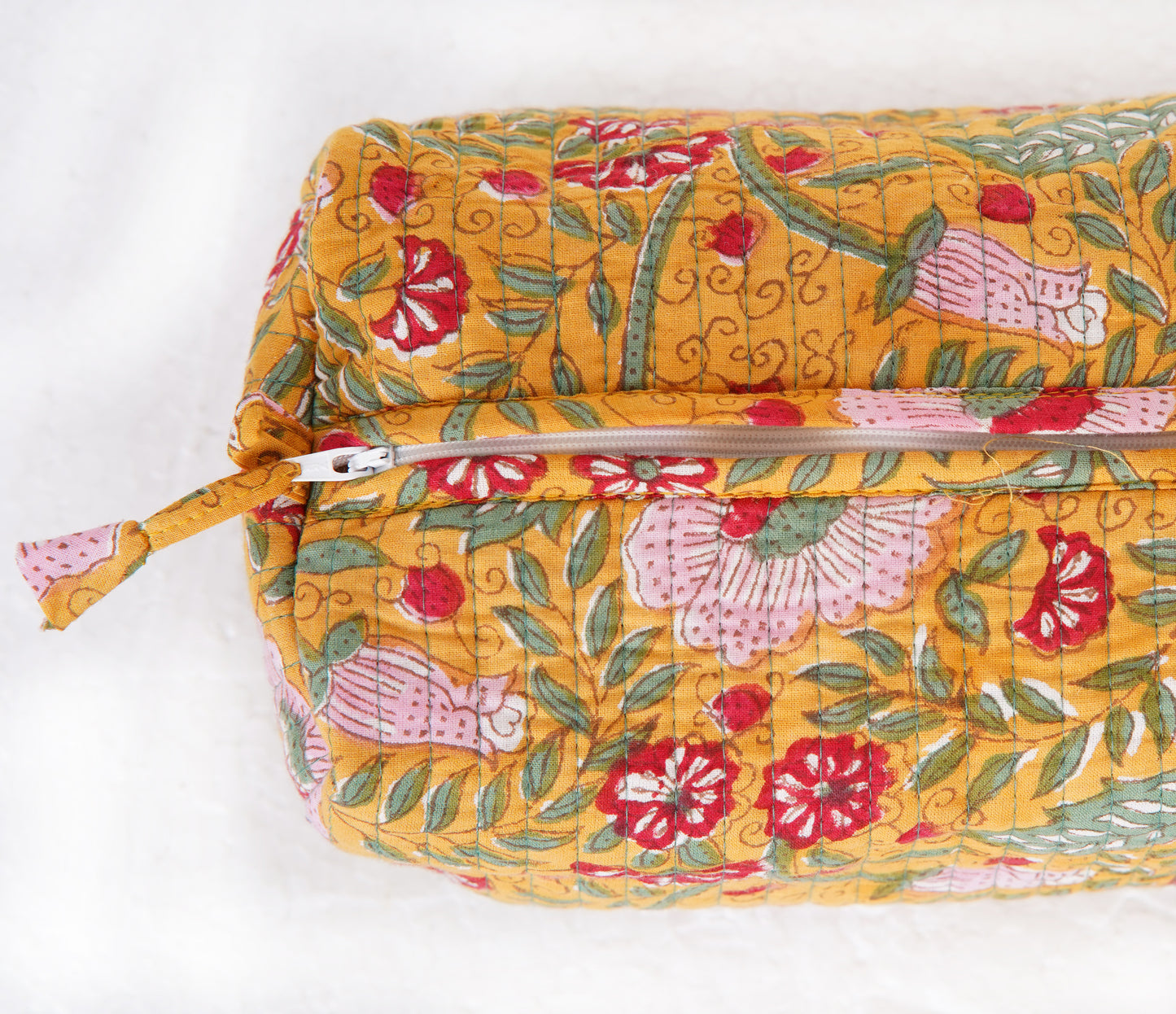 Golden Blossom Quilted Toiletry Pouch Set – Hand Block Printed (Set of 3)