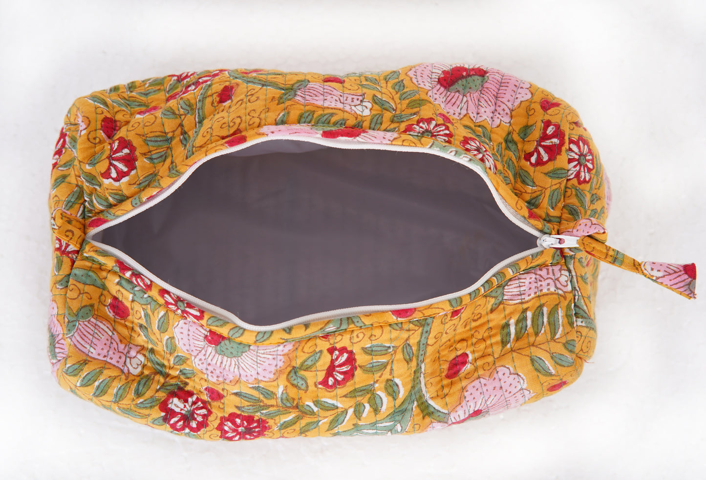 Golden Blossom Quilted Toiletry Pouch Set – Hand Block Printed (Set of 3)