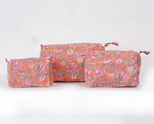 Peach Blossom Quilted Toiletry Pouch Set – Hand Block Printed (Set of 3)